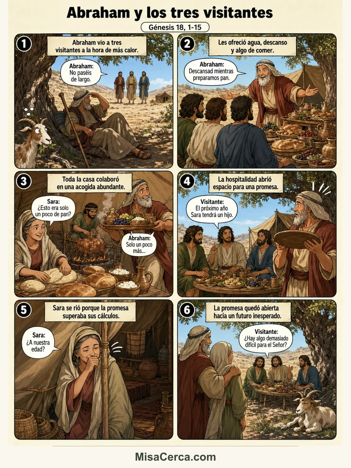 Cómic de seis viñetas sobre Abraham, Sara y los tres visitantes en Mambré