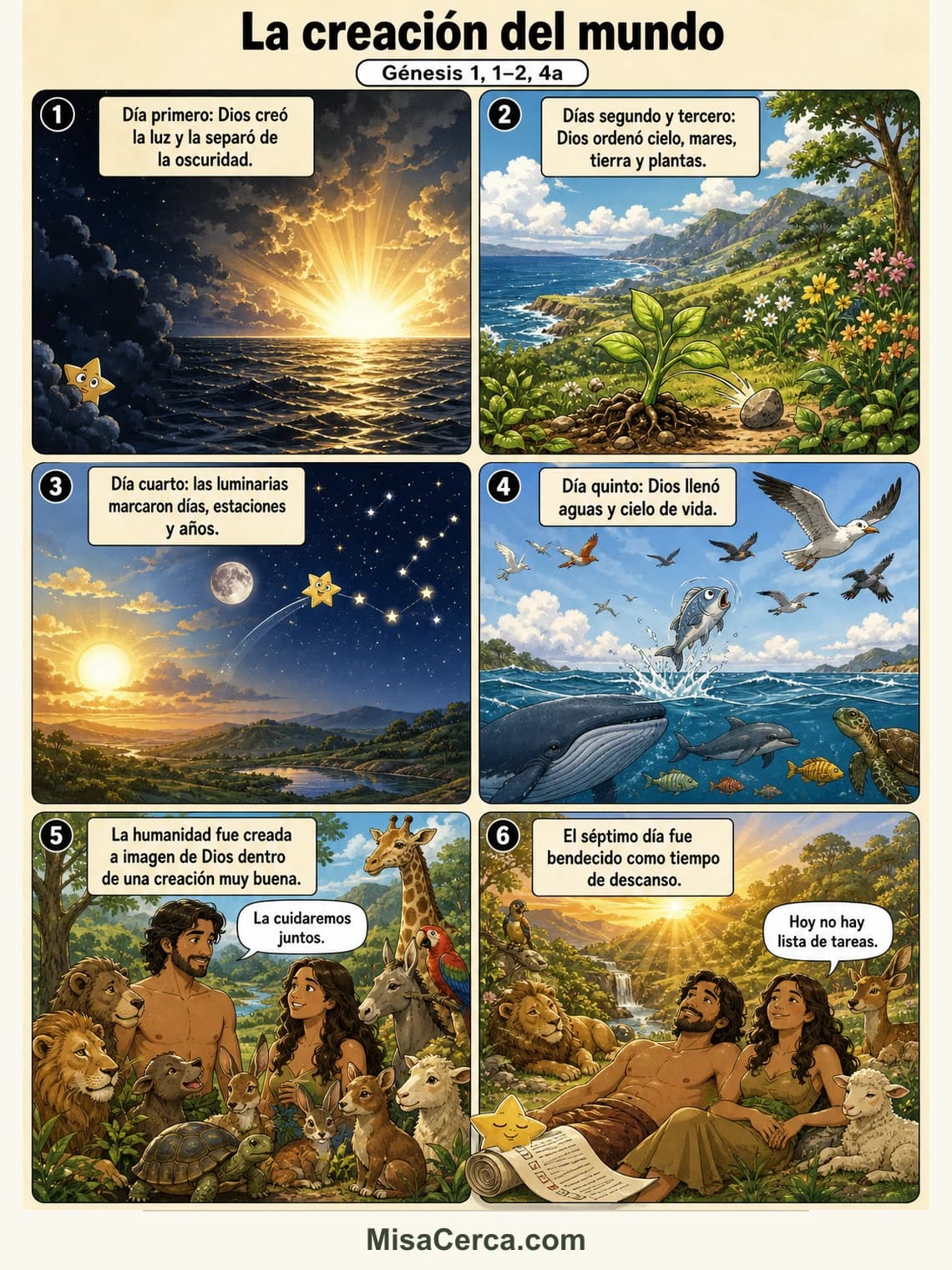 Cómic de seis viñetas sobre los días de la creación en el Génesis