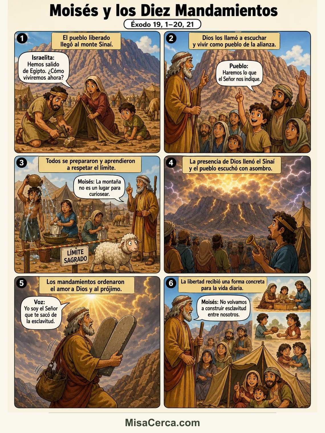 Cómic de seis viñetas sobre Moisés en el Sinaí y los Diez Mandamientos