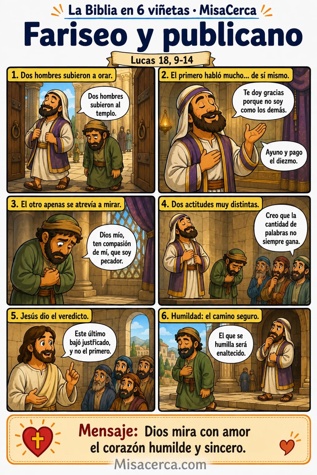 Cómic de seis viñetas sobre la oración del fariseo y del publicano en el templo