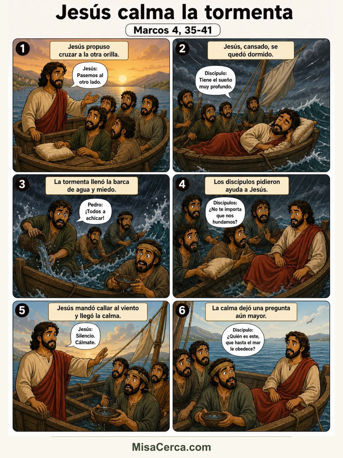 Cómic de seis viñetas sobre Jesús calmando una tormenta en el lago