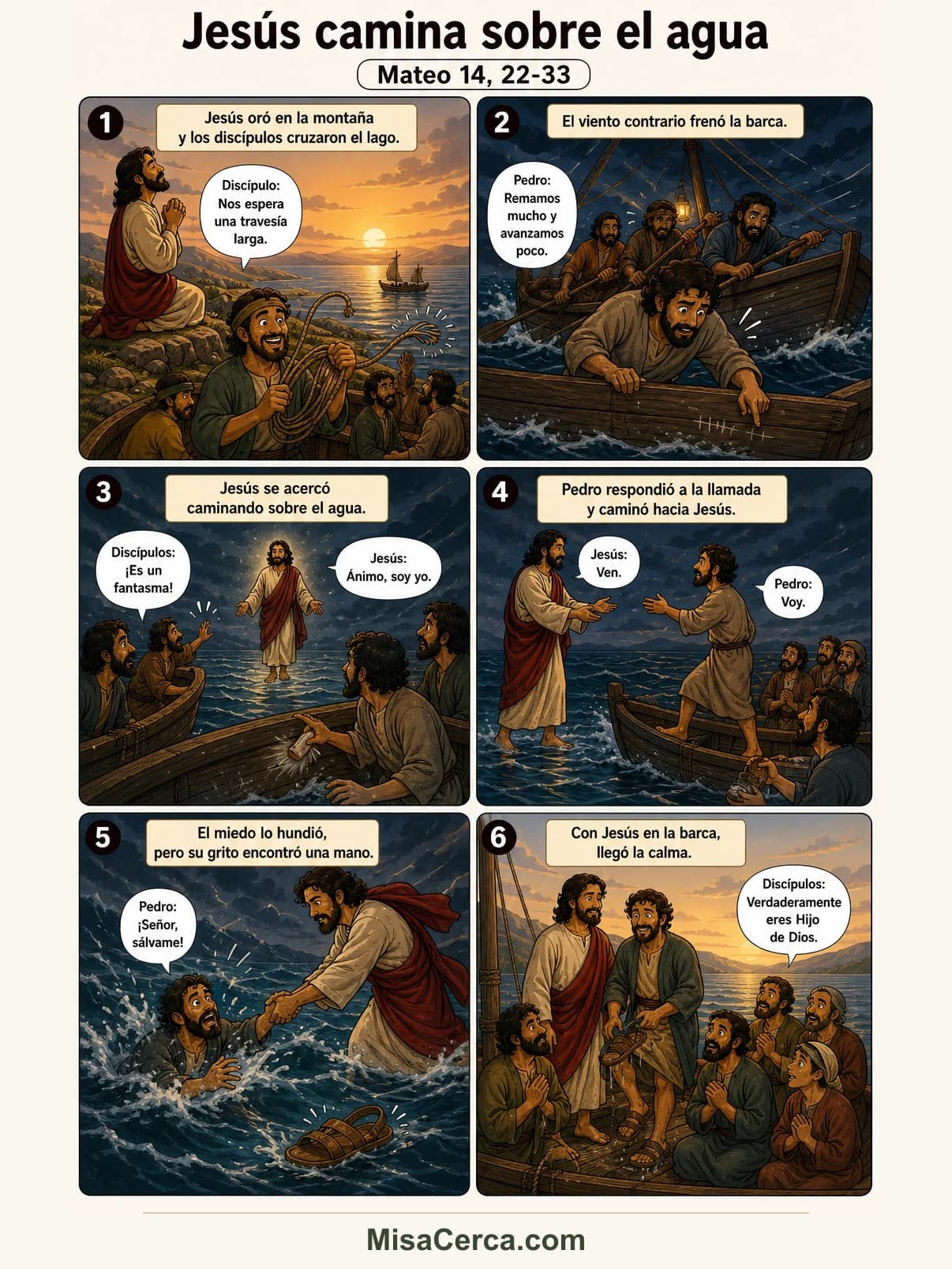 Cómic de seis viñetas sobre Jesús y Pedro caminando sobre el agua