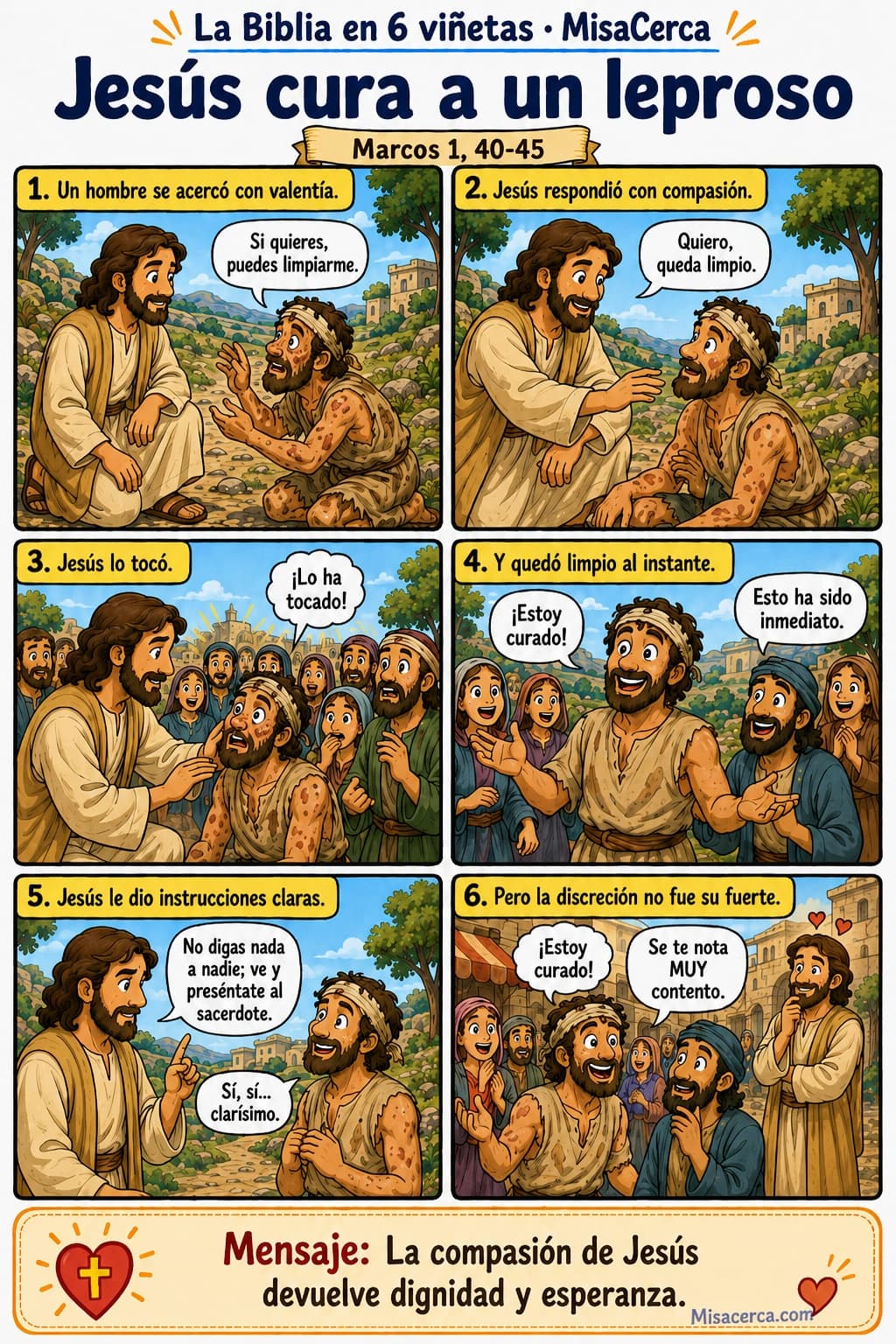 Cómic de seis viñetas sobre Jesús y la curación de un hombre con lepra