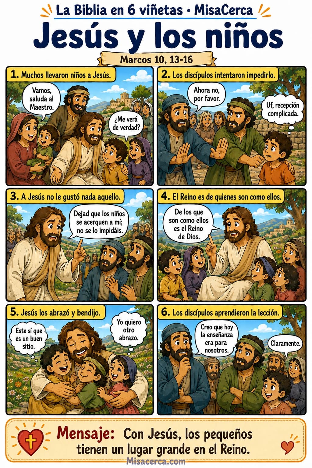 Cómic de seis viñetas sobre Jesús recibiendo y bendiciendo a los niños