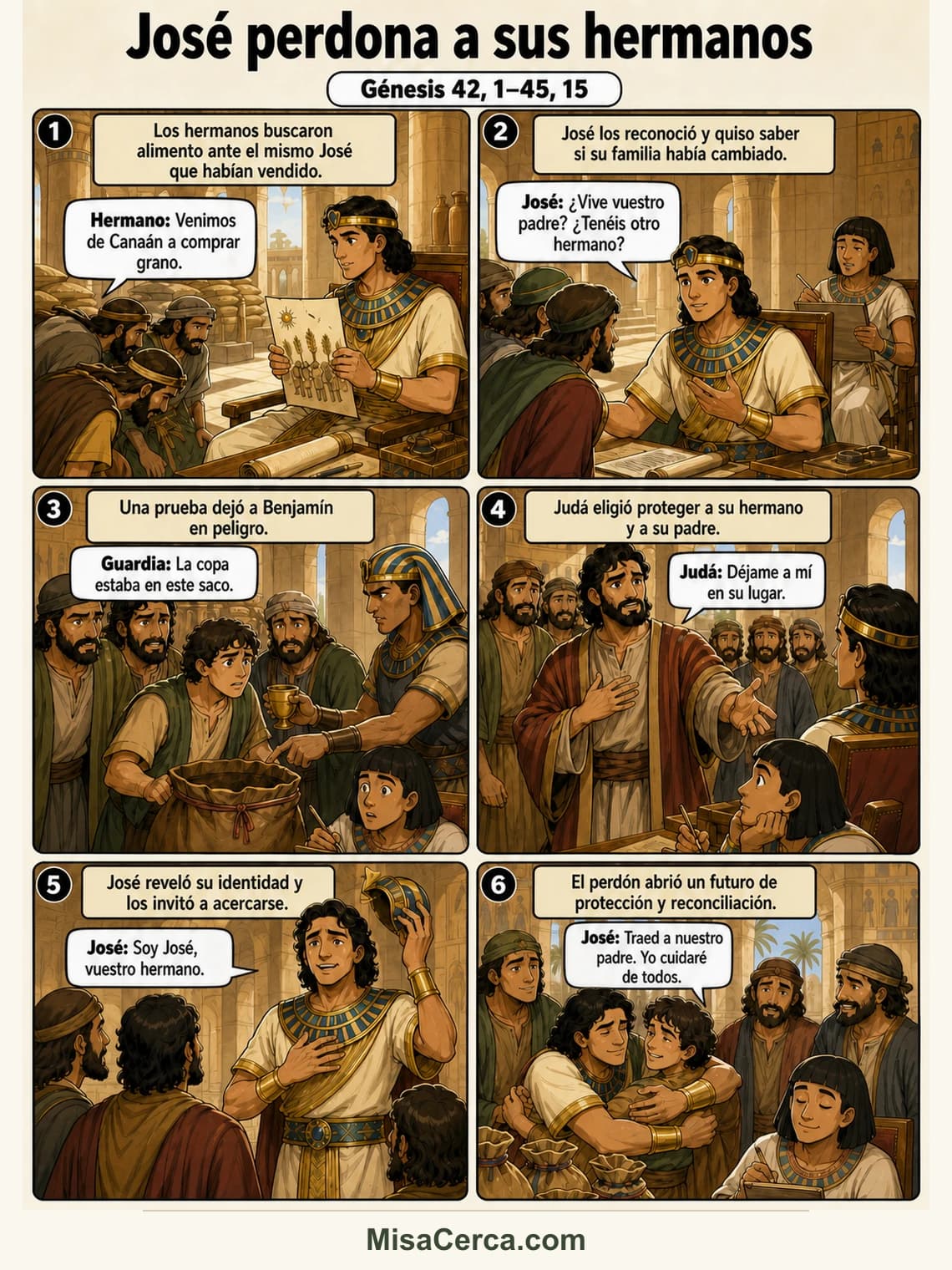 Cómic de seis viñetas sobre José revelando su identidad y perdonando a sus hermanos en Egipto
