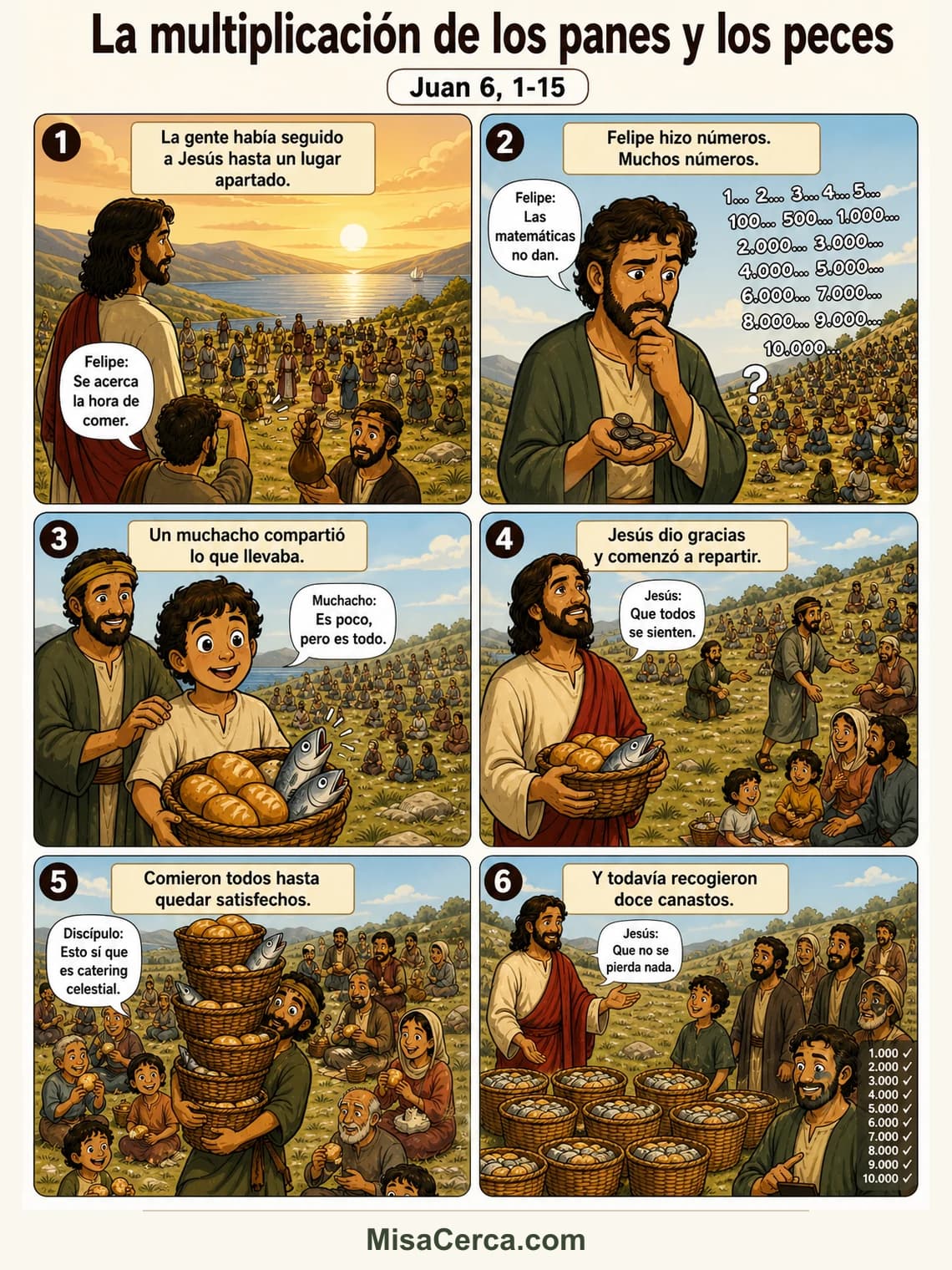 Cómic de seis viñetas sobre Jesús y la multiplicación de los panes y los peces