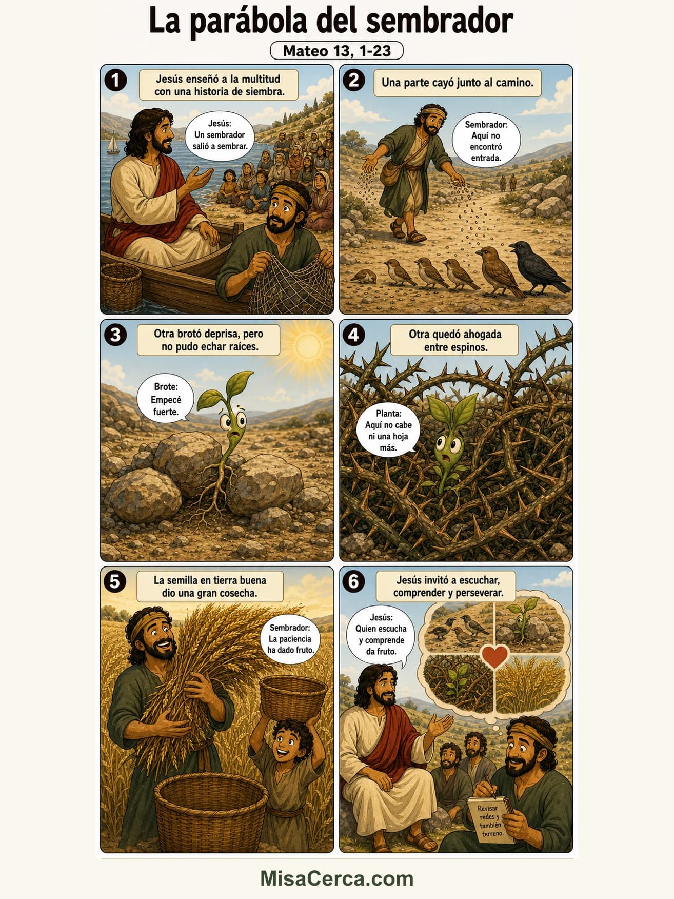 Cómic de seis viñetas sobre el sembrador, los cuatro terrenos y la cosecha