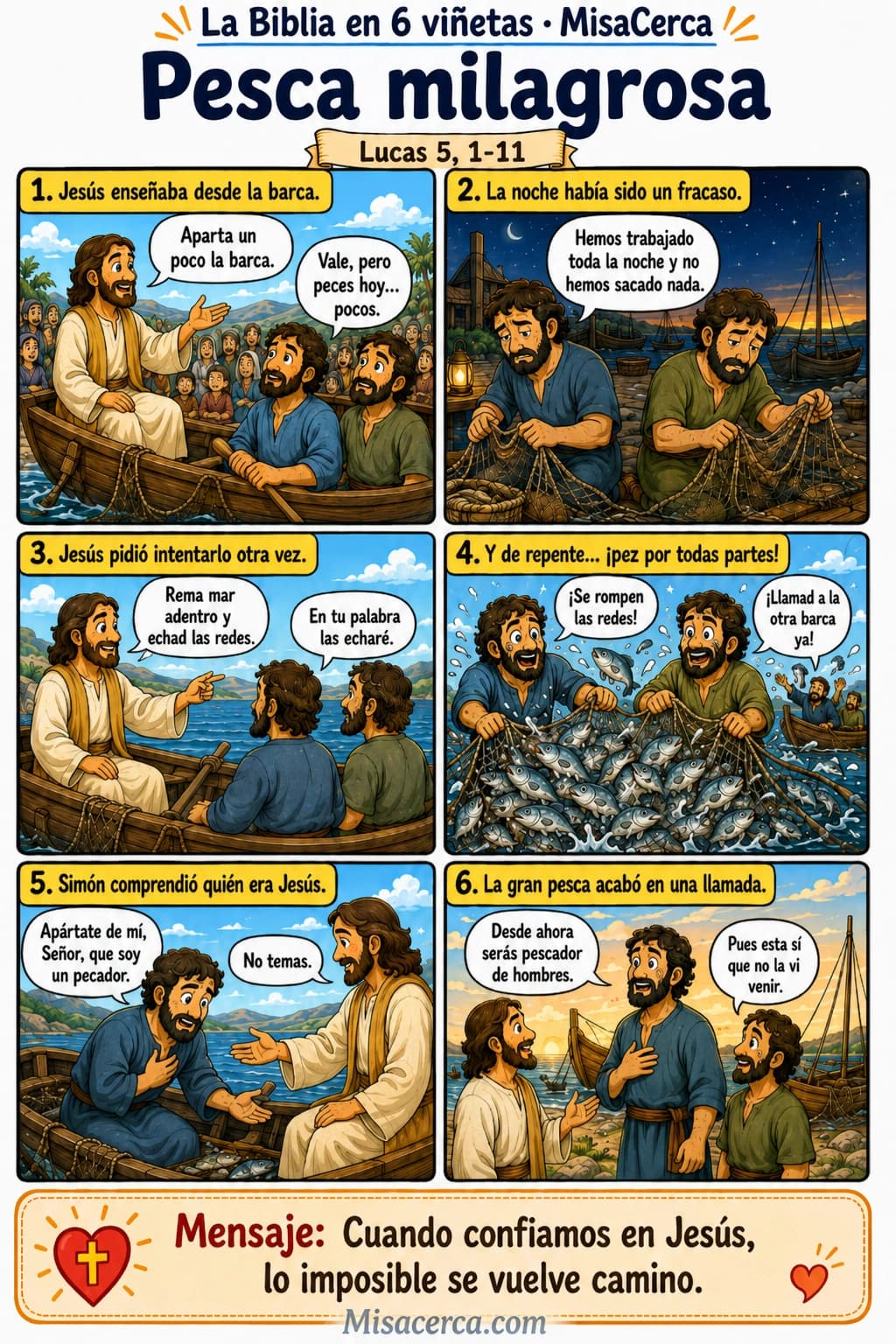 Cómic de seis viñetas sobre la pesca milagrosa de Lucas y la llamada de Simón Pedro