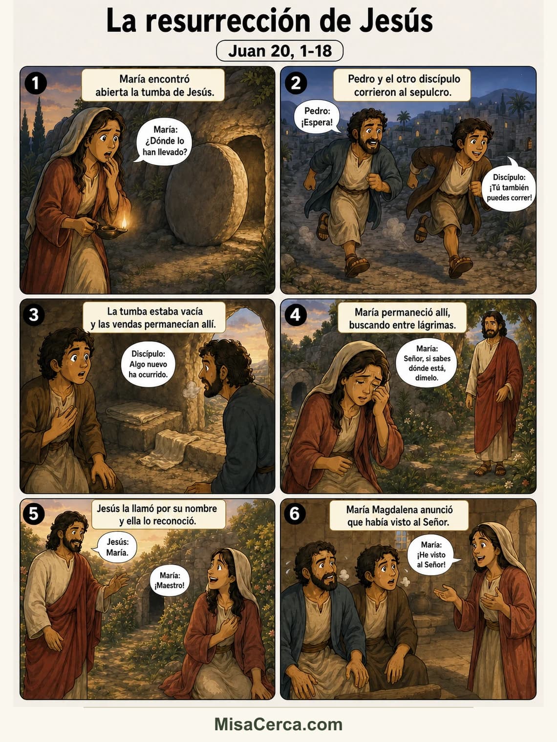 Cómic de seis viñetas sobre María Magdalena y Jesús resucitado junto al sepulcro
