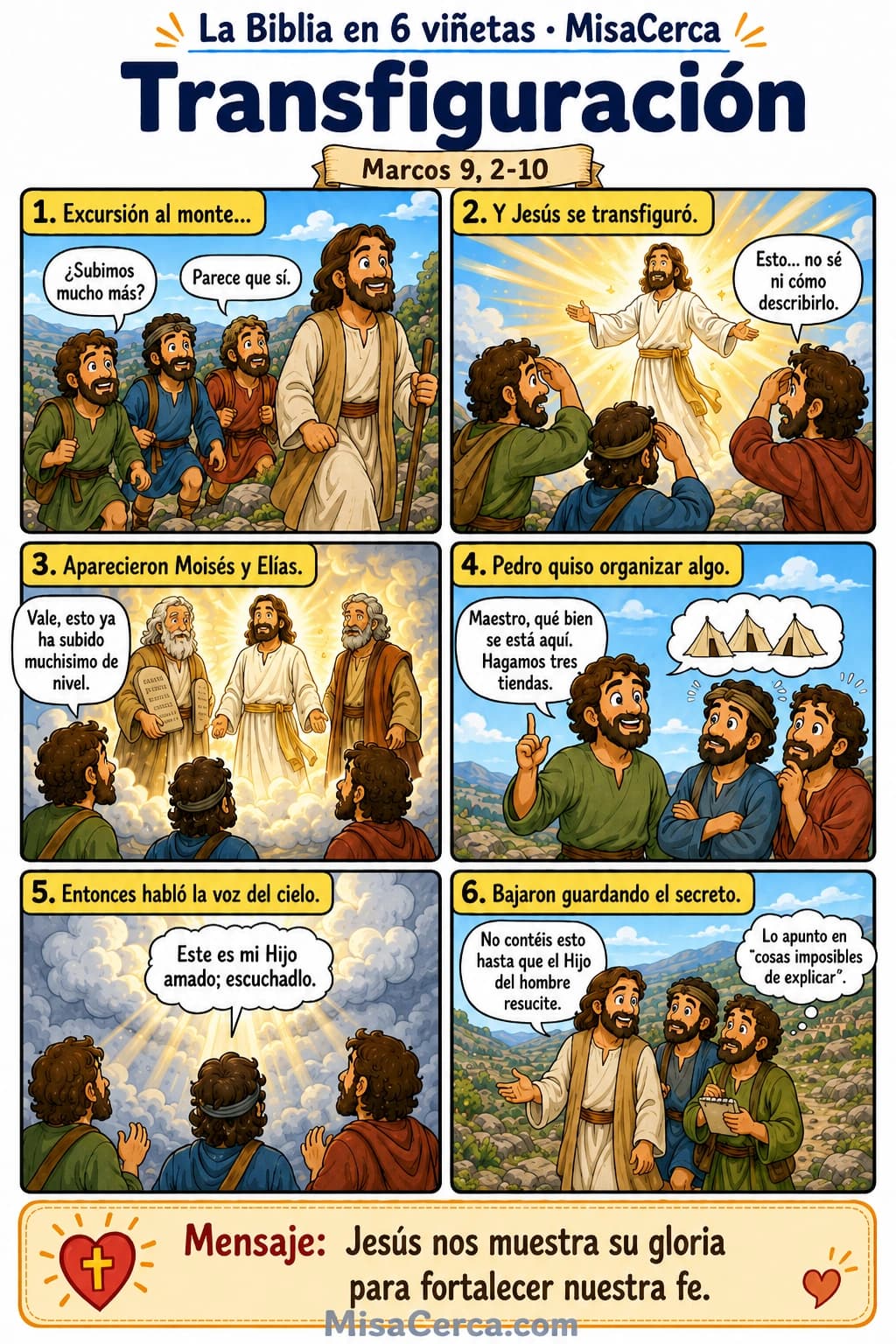 Cómic de seis viñetas sobre la Transfiguración ante Pedro, Santiago y Juan